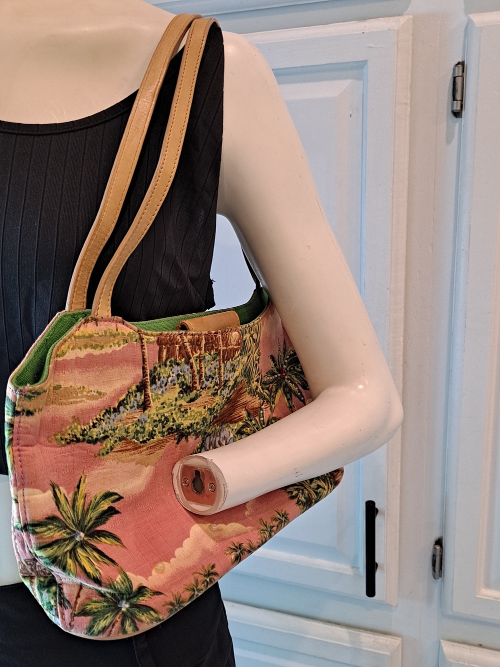 Fossil Forever Vintage 90s Pink Tropical Print Shoulder Bag W/Tan Leather Straps - Picture 12 of 13
